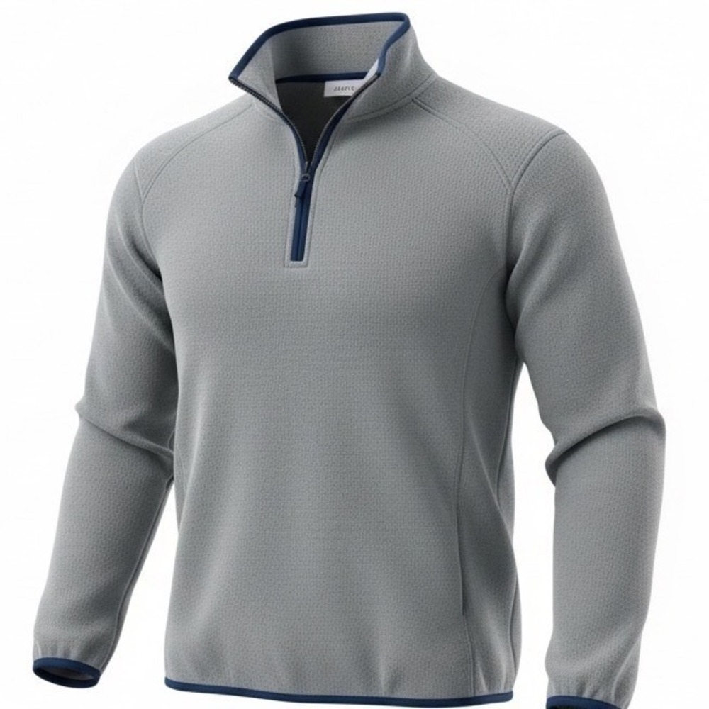 Orvis Mens Gray‎ Grid Fleece Quarter Zip Pullover Sweater Navy Trim Size L